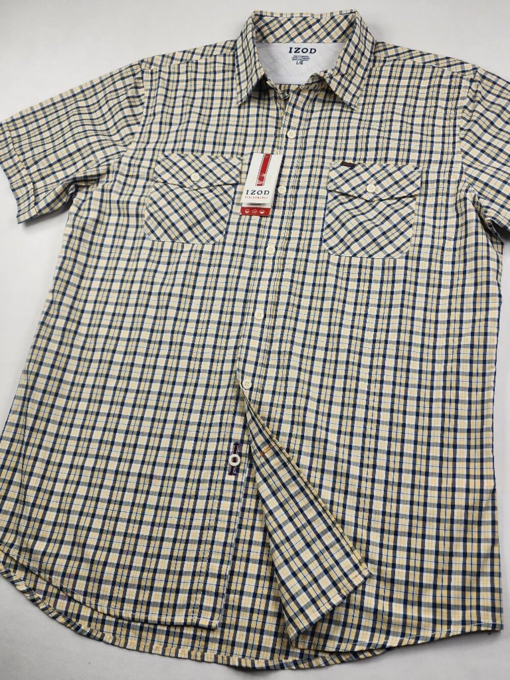 NWT IZOD Men's Large Yellow Blue Sierra Sun Short Sleeve Shirt
